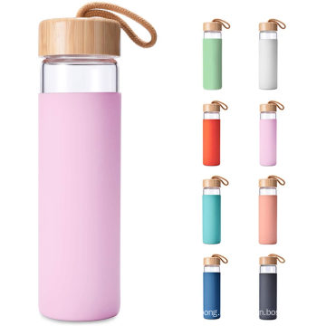 18oz 550ml Silicone Sleeve Borosilicate Glass Water Bottle with Bamboo Lids, Glass Drinking Water Bottle, Glass Water Bottle